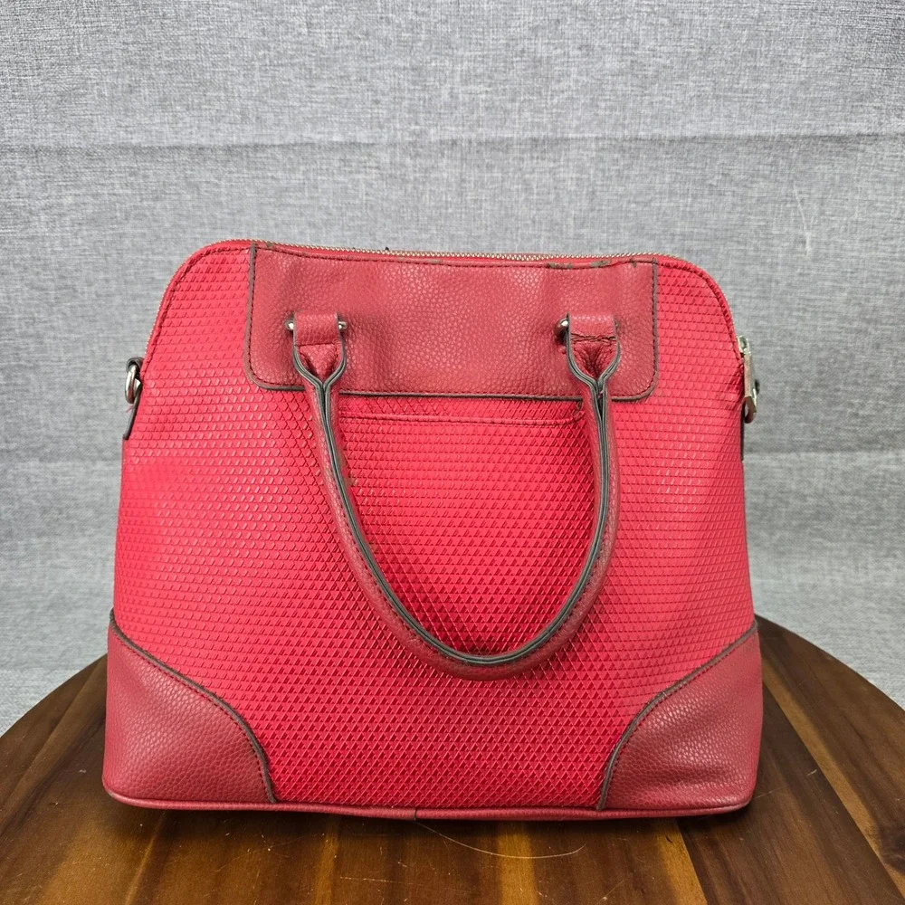 Liz Claiborne Red Satchel Handbag Geometric Embossed Faux Leather Top Handle Bag